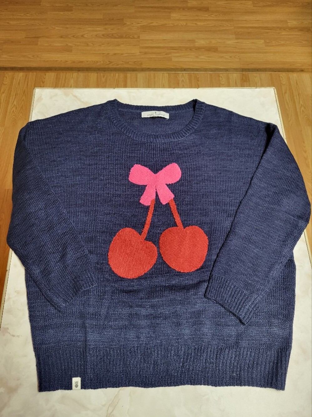 Simply Southern Cherry Bow Chunky Knit Sweater Women’s Small Medium Navy Preppy